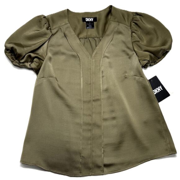 DKNY Olive Green Puff Sleeve V-Neck Fashion Blouse  XS NWT - Picture 3 of 10
